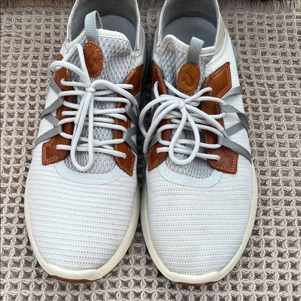 OluKai Gray Mesh and Brown Leather Men’s Boat Sneakers
